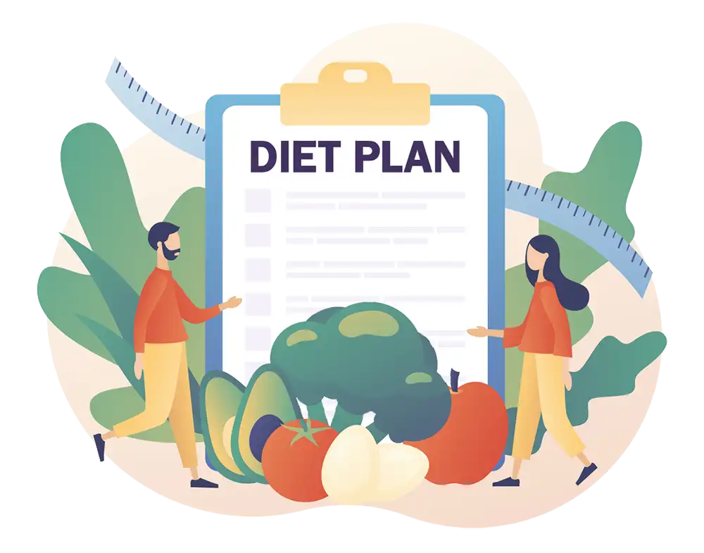 nutrition_consultation_Barrie_Ontario_Canada_ Illustration with a clip board that reads diet plan on the top avocado broccoli apple tomato on the bottom with a tape measure running from top left to bottom right and a man on the right and woman on the left