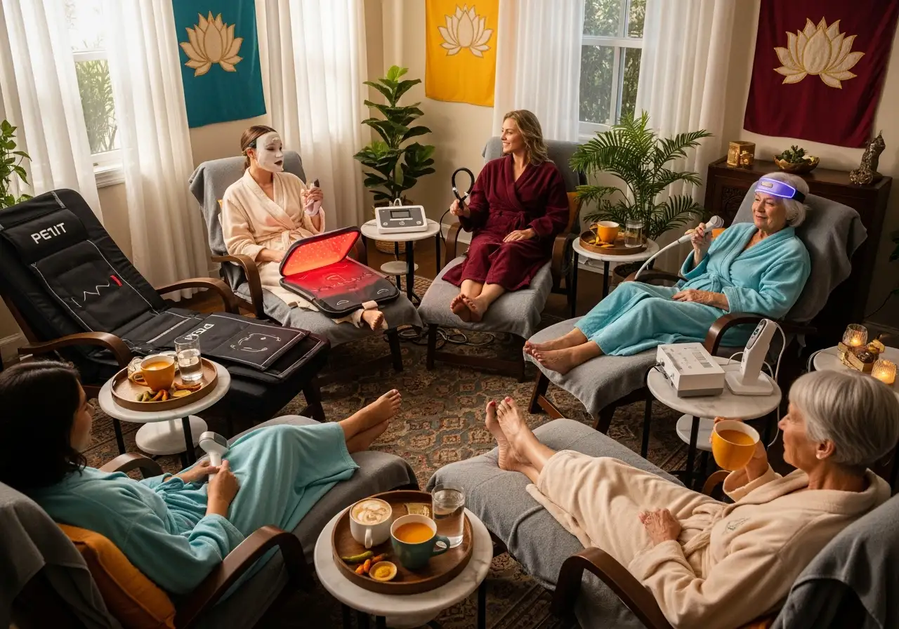 Bliss_Bash_A_Relaxation_Spa_Experience_in_Barrie_Ontario A group of women enjoying the Bliss Bash relaxation spa experience in Barrie, Ontario, relaxing in robes and using wellness devices in a cozy, welcoming spa setting.