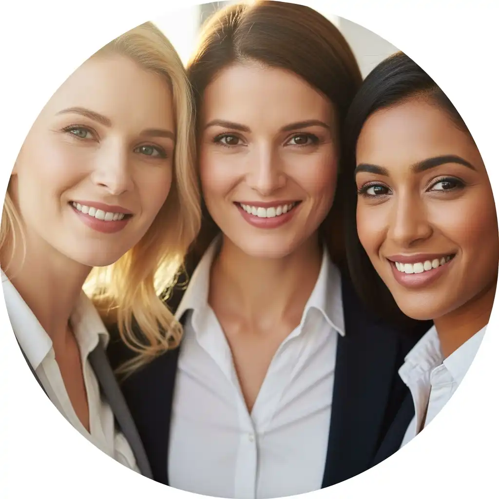Busy_Moms_Gathering_Bliss_Bash_Relaxation_Spa_Barrie_Canada Three smiling women, one blonde, one with brown hair, and one with dark hair and medium skin tone, standing close together and dressed in business casual attire, representing the Busy Moms Gathering at Bliss Bash.