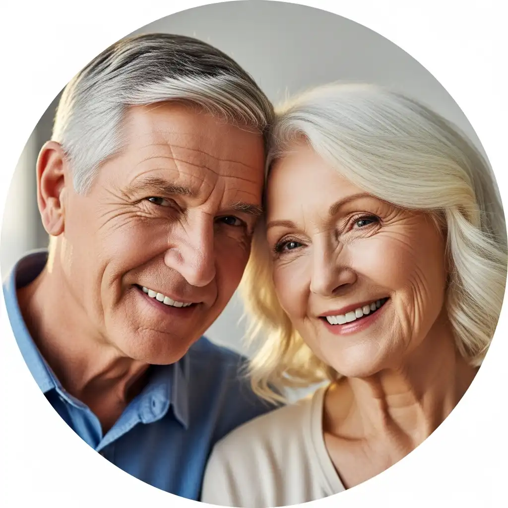 Senior_Sanctuary_Gathering_Schedule_Bliss_Bash Smiling senior couple close together, both with light hair, representing the welcoming and supportive atmosphere of the Senior Sanctuary Gathering at Bliss Bash.