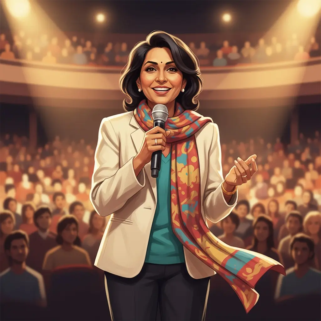 Shalu Speaking Events | Holistic_Wellness_Talk_Bookings_LoveLotusLife A smiling woman wearing a colorful scarf and holding a microphone speaks confidently on stage to an attentive audience.